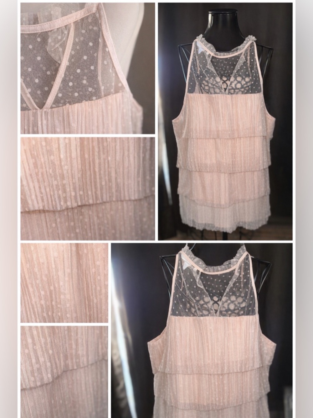 DR2 Pink Tiered Pleated Tank Top Halter Polka Dot Chiffon High Neck Keyhole - Picture 3 of 3